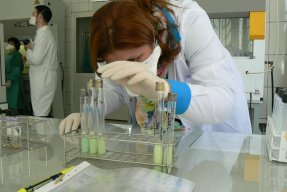 en kvinnlig labbtekniker kontrollerar provrör med sputumprov
